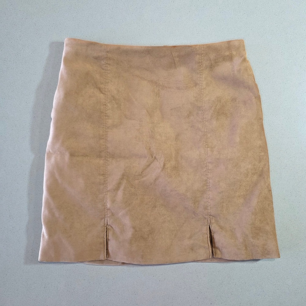 Hollister Women Tan Faux Suede High Rise Mini Skirt Small Camel Front Slit Zip
